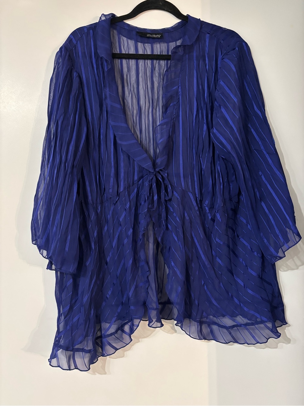Contempo Royal Blue Sheer Pleated Tie Front Tunic Blouse Shirt Size 22